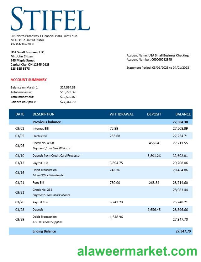Stifel Financial Bank firm statement Word and PDF template